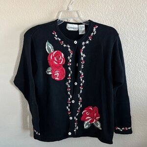 Donnkenny Vintage Elegant Black Cardigan with Red Floral Embroidery